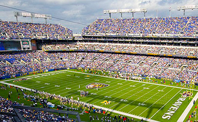 View from the upper deck of a packed crowd at a Ravens game at M&T Bank Stadium in Baltimore