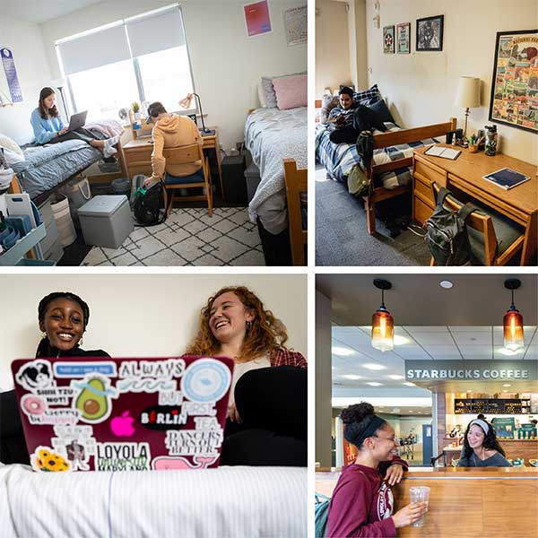 Collage of students studying, bonding, and relaxing in their dorm rooms; and students chatting at the Starbucks on campus